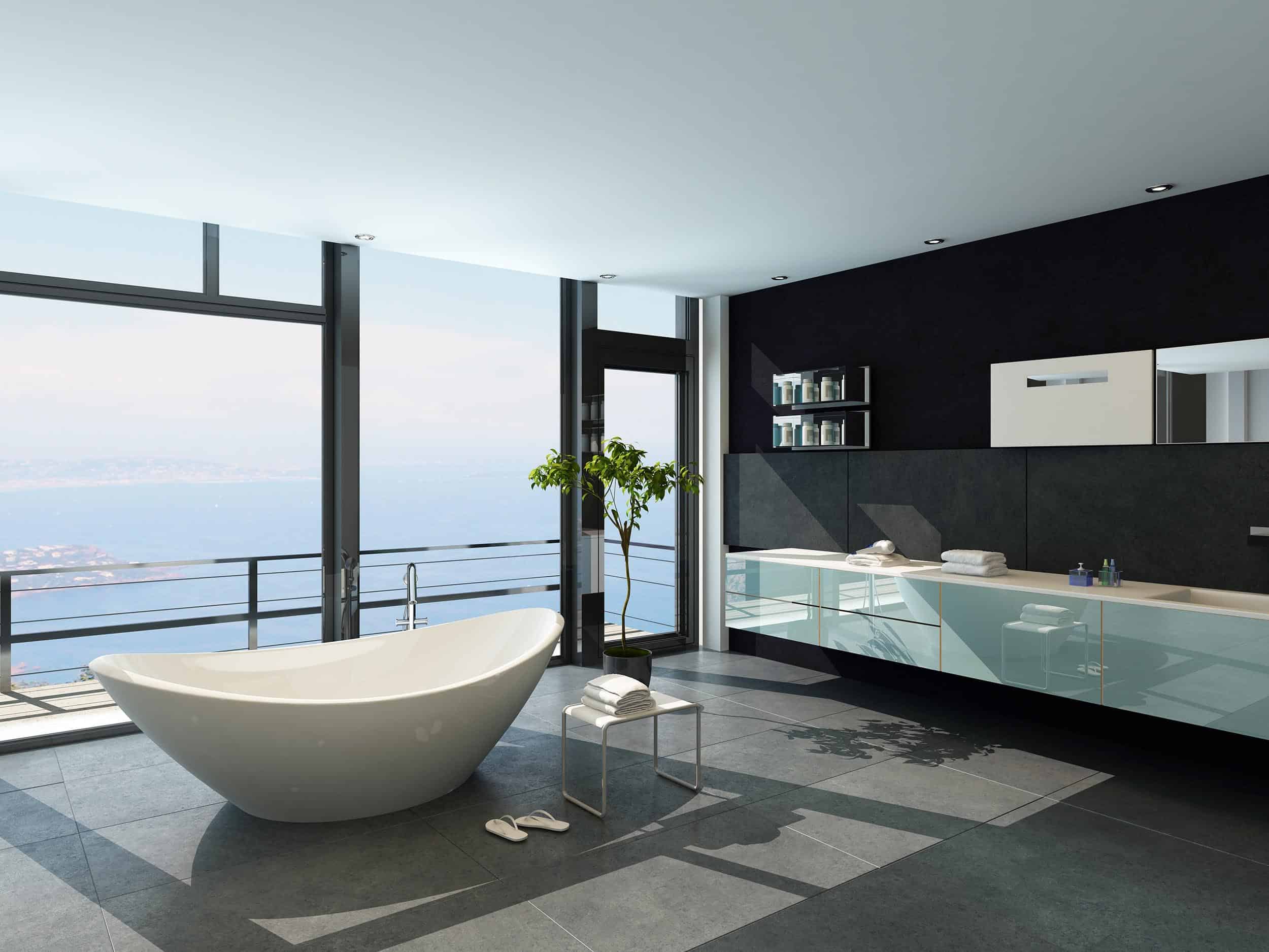 Expensive luxury bathtub against panoramic window