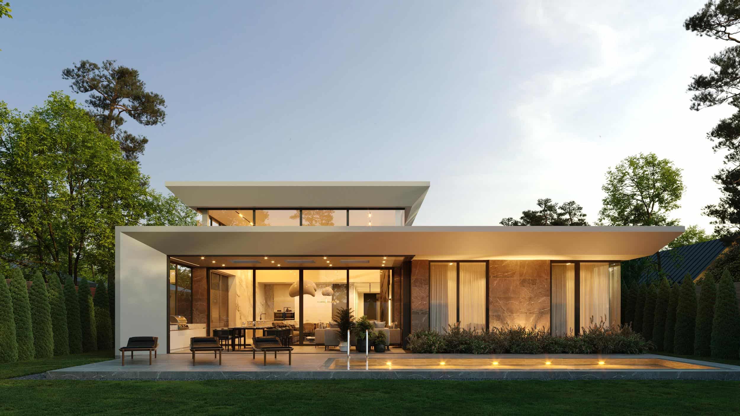 Modern one-story house with panoramic windows. House with a flat