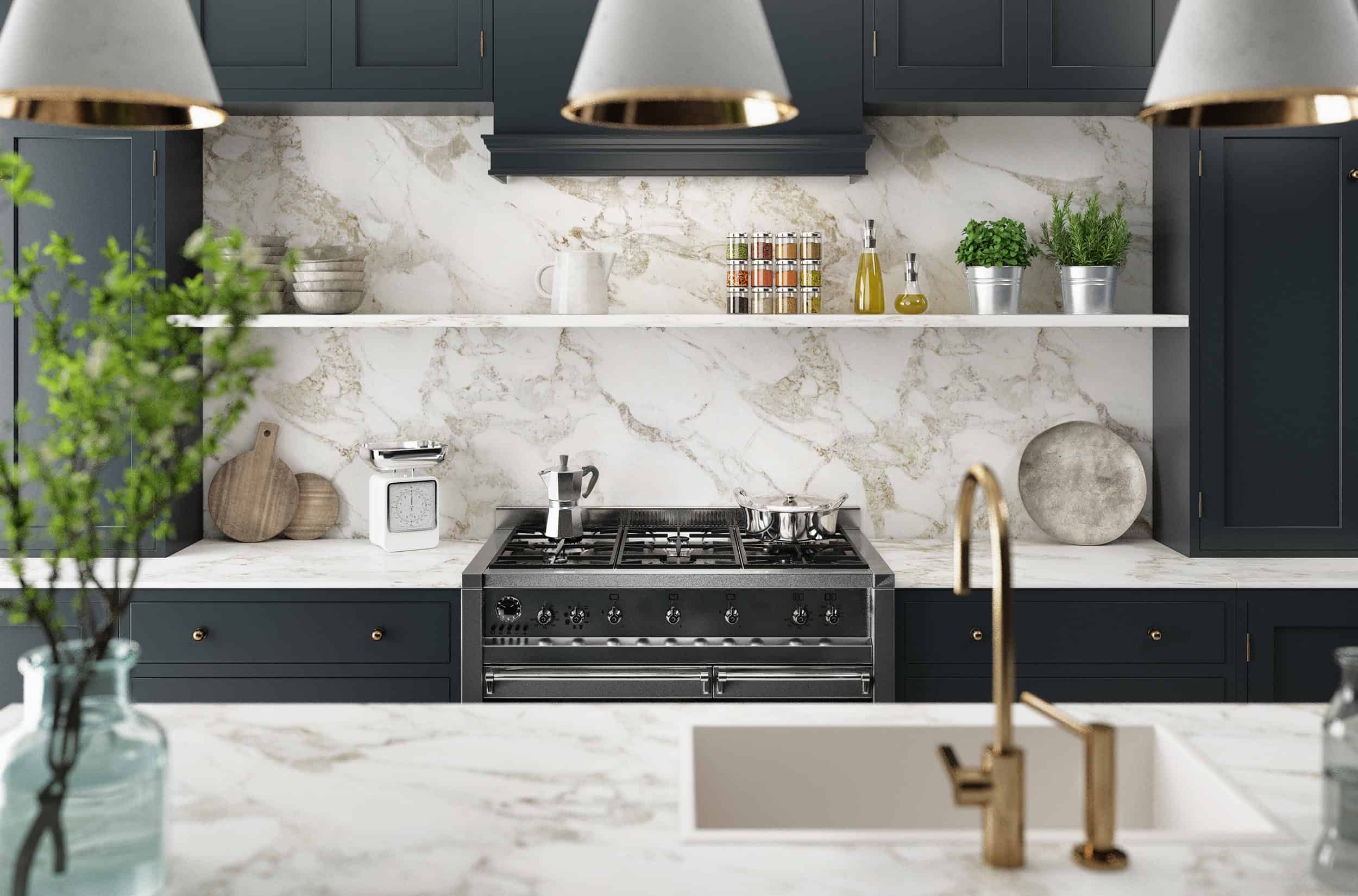 Residential interior of modern kitchen in luxury mansion, 3d rendering